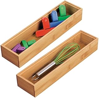 mDesign Pack of 2 Functional Drawer Organiser  Stylish Bamboo Kitchen Drawer Divider for Cutlery, Silverware, Utensils  Convenient Drawer Separator  Light Brown