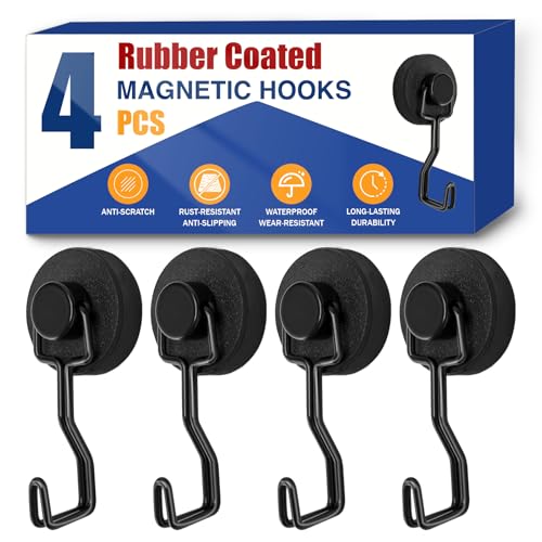 JINGZHAN Rubber Coated Magnetic Hooks,4 Pack Heavy Duty Non-Slip &Anti-Scratch Hooks for Refrigerator,Kitchen and Cruise Ship Cabins (Sliver)