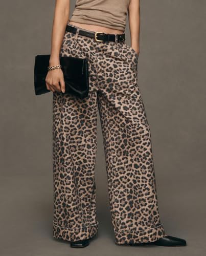 LifeShe Wide Leg Leopard Jeans for Woman Mid Rise Baggy Cuffed Jeans Cheetah Print Barrel Denim Pants3