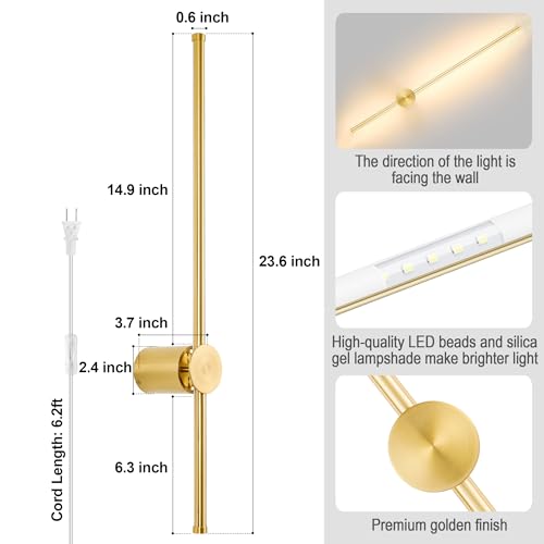Image of GOODATE Wall Sconces Set of Two with Remote, Stepless Colors 3000K-6500K & Stepless Dimming, Hardwire or Plug-in, 180 Rotate, LED Gold Plug in Wall Sconces with Timer & Night Light, 23.6 Inches