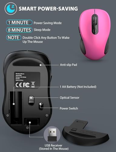 Image of Trueque Wireless Mouse for Laptop, Ergonomic 6-Button Mouse, Fuchsia | 2.4GHz USB receiver, back /forward buttons, 3 adjustable DPI levels, silent clicks, USB-C adapter, Windows /Mac /Chrome OS /Linux