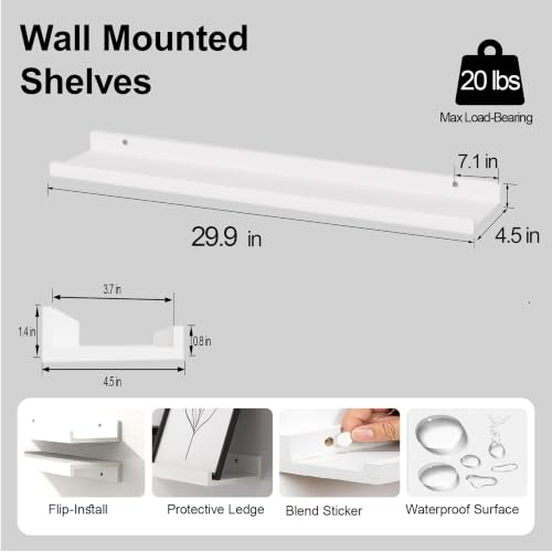 Image of White Floating Shelves for Wall Decor, 30 in Shelf with Lip Set of 2