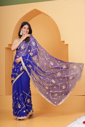Image of Embroidered Net Saree with Blouse for Women | Royal Blue Saree with Floral Gota Patti Work | Festive Ethnic Saree | Traditional Ethnic Wear
