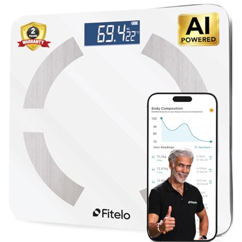 Fitelo Smart BMI Weight Scale | Track 25+ Body Parameters, Body Fat & Muscle Mass | 100+ User Profiles | 2 Yr Warranty | Large Foot Area | Free App Sy