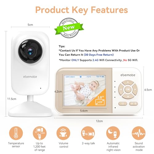 ebemate Video Baby Monitor Camera with 2.8" LCD Screen Video & Audio No Glow Night Vision,2-Way Talk Audio Cam Baby Monitoring 1200FT Range EBE28 の商品画像 1