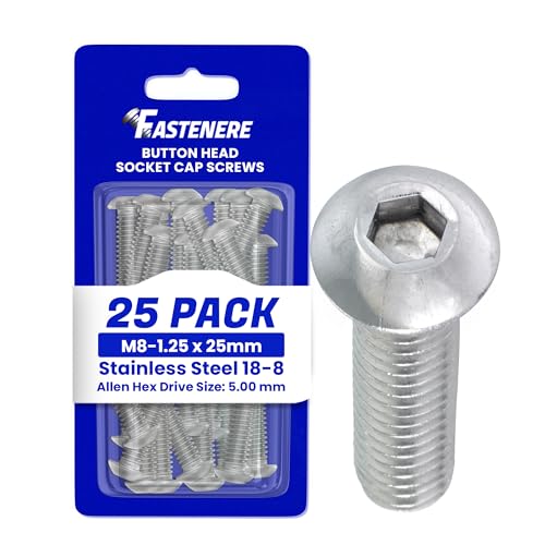 Fastenere Button Head Socket Cap Screws - M8-1.25 x 25MM (25-Pack) Stainless Steel 18-8, Full Thread, Plain Finish, Flat Point, ISO 7380 Metric Screw Set, Easy to Install w/Allen Hex Socket Drive