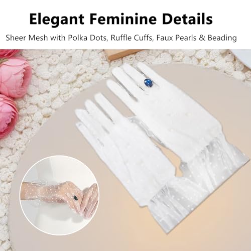Lace Gloves for Tea Party Women's White Mesh Sheer Gloves with Pearls Ruffle Trim Style Pearl Bridal Elegant Accessories for Wedding Vintage Outfit4