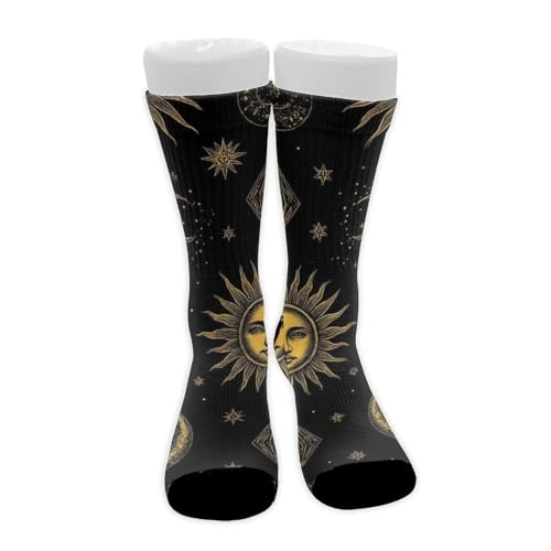 Meaudiwes Leisure Sports Climbing Walking Socks Breathable Non Slip Socks Fashion Dress Decor Sun Moon Star Gold Black