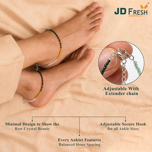 Image of JD FRESH Natural Pyrite Stone Anklet for Women /Raw Pyrite Bracelet /Silver Anklet /Black Metal Anklets /Natural Stone Jewellery for Wealth, Luck & Protection /Best Gift Item