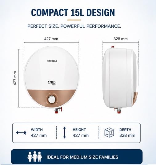 Image of Havells Otto Prime 15 Litre Storage Water Heater (Geyser) | Incoloy Glass Coated Heating Element | Feroglas Tank | Shock Safe Plug | LED Indicator | White & Champagne Gold