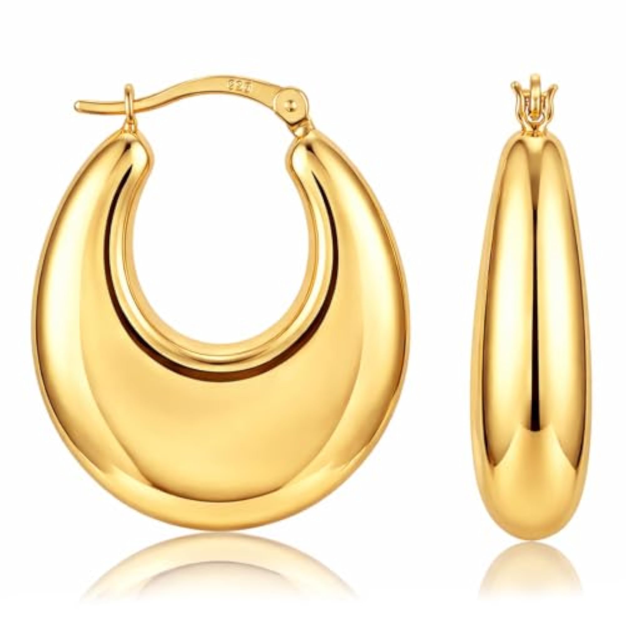 Women's 925 Sterling Silver Gold Plated Chunky Oval Shape Hoop Earrings