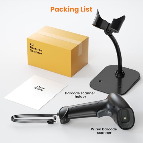 Image of HIROBOT Wired 2D /1D Barcode Scanner with Stand, Image Reader for QR Codes | Ideal for Retail Inventory and POS Systems, Scanning Barcode from Phone and Computer Screen