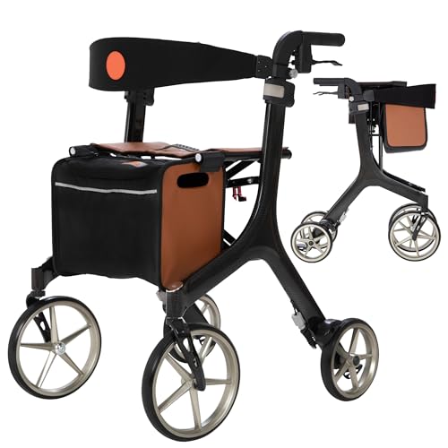 MobiQuip Carbon Fibre Lux Rollator, 5.9kg - Ultra Lightweight Folding Walker with All-Terrain Wheels, Leather Seat, Adjustable Ergonomic Handles & Loop Brakes - Mobility Aid for Indoor & Outdoor Use