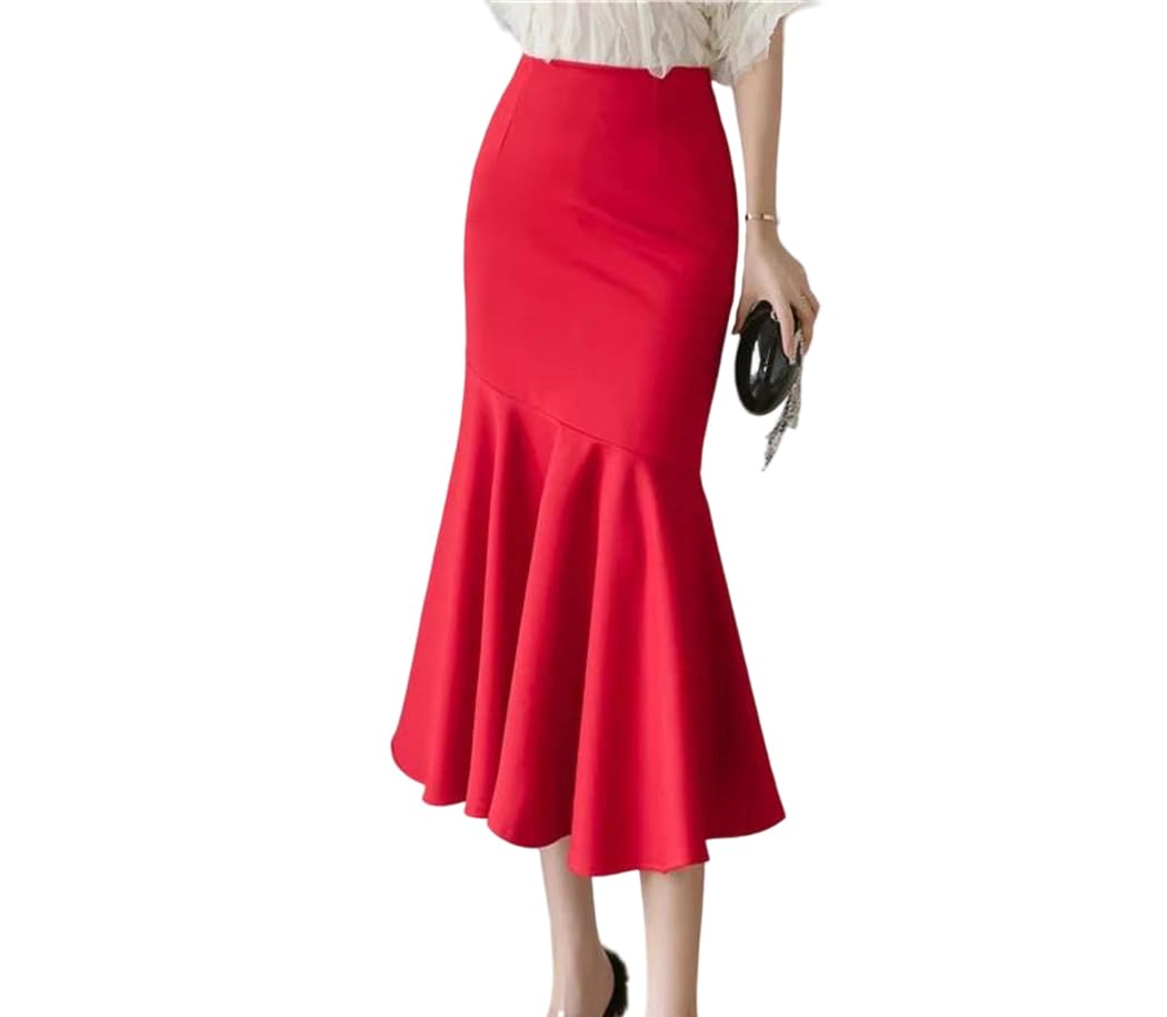Women Ruffled Pencil Midi Skirt Spring Summer Elegant High Waist Solid Color Office Lady Skirt