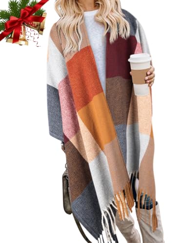 Image of Bestshe Women's Boho Open Front Poncho Plaid Shawl Wrap Cape | Tassel Cardigan Sweater, Cozy Layering, Fall Winter Clothes for Women