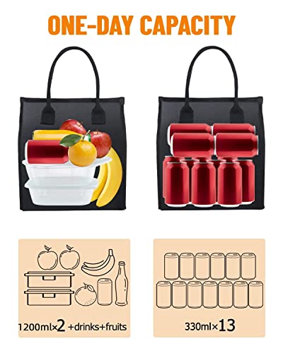 Fmeida Black Lunch Bag For Men Women Insulated Lunch Bags Waterproof Thermal Lunch Box Bag With Front Side Interior Pockets Reusable Lunch Kit #TOP3