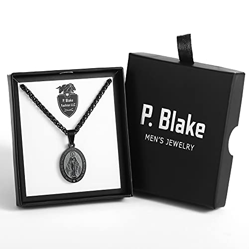 P. BLAKE Oval Saint Christopher/Michael/Joseph/Jude/Virgin Mary/Joseph/Francis/Patrick/Anthony/Benedict/Thomas Necklace for Men Women, Stainless Steel Catholic Patron Pendant with Chain 24 Inches