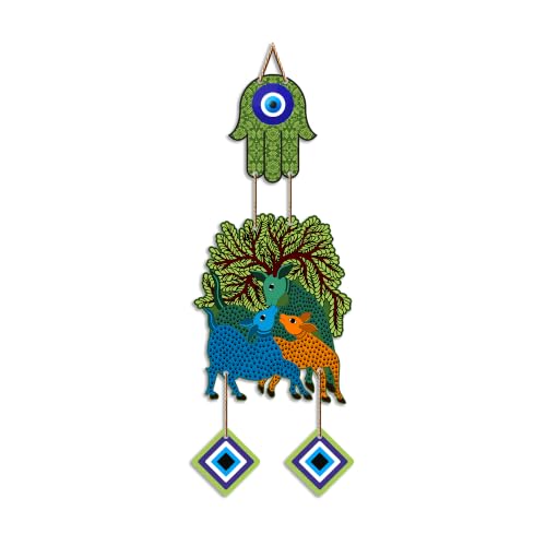 Image of Artvibes Tree of Life Deer Family Evil Eye Wall Hanging Decor | Nature Inspired Nazar Battu Protection Ornament | Rustic Spiritual Accent for Home Entrance | Living Room | Gift Item (WH 85146N)