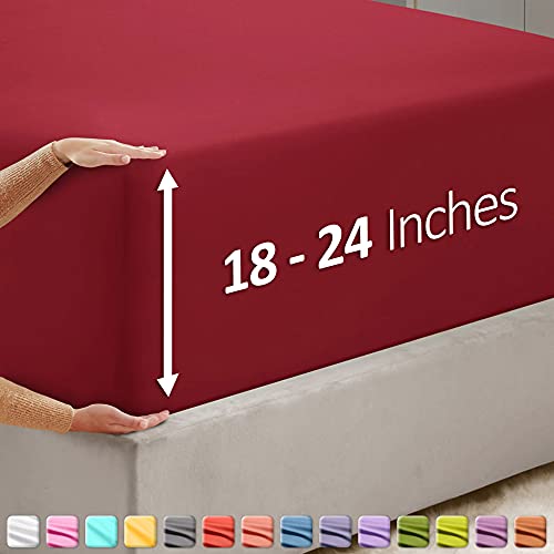 Image of Hearth & Harbor Extra Deep Pocket Twin XL Fitted Sheet - Fits 18 to 24 Inch Mattress - Ultra Soft 1800 Microfiber, Wrinkle-Free & Breathable - Hotel Luxury Fitted Sheet Only, Burgundy
