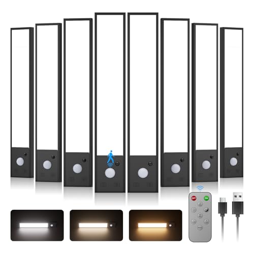 8'8 Pack Under Cabinet Lighting Wireless with Remote,56 LED Rechargeable Motion Sensor Light Indoor,3000mAh Cabinet Lighting,3 Color Modes &7 Dimmable Levels,Magnetic Under Counter Lights for Kitchen