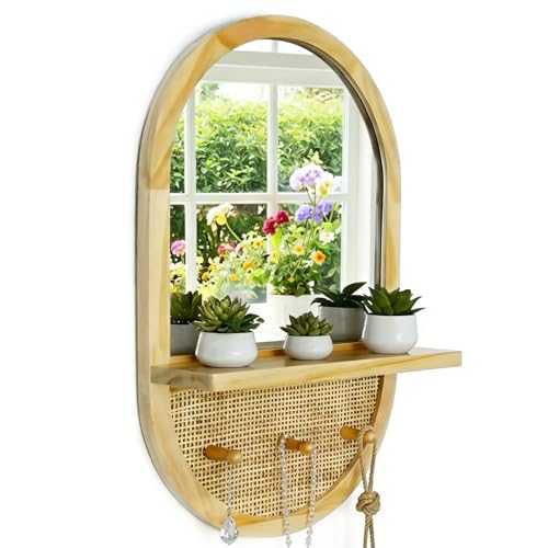 Boho Wall Mirror with Hooks and Shelf