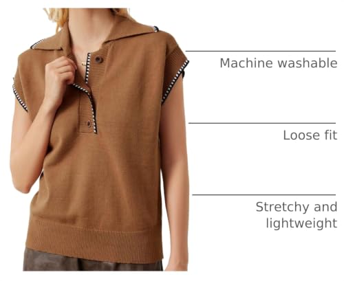 Image of MISSACTIVER Women Casual Button Down Lapel Collar Sweater Vest Sleeveless Knit Loose Fit Stripe Trim Pullover Tank Tops(Medium,Light Brown)