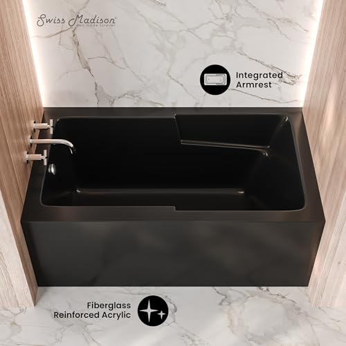 Image of Voltaire 54 x 30 Skirted Left Drain Soaking Alcove Bathtub in Glossy Black with Integrated Armrest