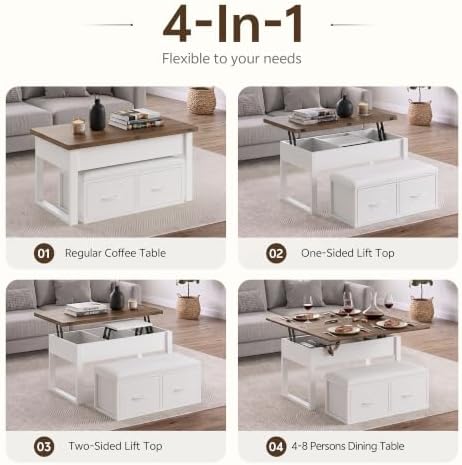Homiflex Double Lift Top Coffee Table Set with Bench, White Brown, 31.5 in - 2