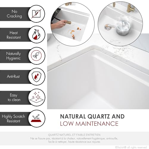 Image of Stylish 32 x 18 Inch Composite Granite Workstation Kitchen Sink, Single Bowl Under Mount & Drop in, 9.5 in Deep, with Cutting Board, Roll-Up Drying Rack, Colander & Strainer, White, S-832WH