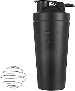 LUFEIS Stainless Steel Protein Shaker, 900 ml Fitness Protein Shaker, Shaker Protein Sports Fitness with Scale Optimal, Protein Shaker Cup with Ball, for Protein, Diet and Fitness Shakes (Black)