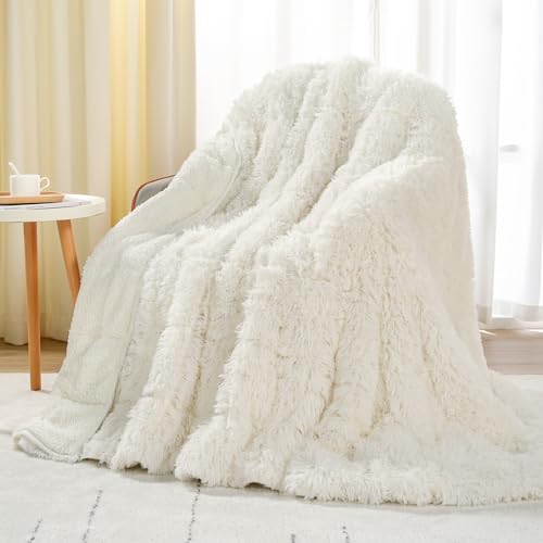 Uttermara Shaggy Faux Fur Weighted Blanket 15lbs, Super Soft Plush Fleece and Cozy Sherpa Reverse, Decorative Long Fur Throw Blankets 48'x72' 15LBS Cream