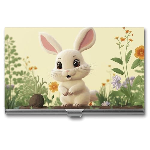 Premium Aluminum Business Card Case Cute Bunny Printed for Men & Women - Slim Metal Credit Card Holder with Polished Silver Gray Finish, Pocket-Sized Name Card Wallet