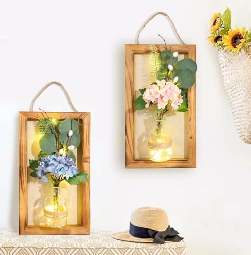 Image of Handmade Glass Wall Sconces with LED String Lights - Decorative Mason Jar Wall Decor with Hydrangea Bouquet - Perfect Housewarming Gift