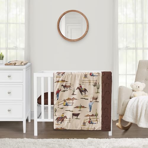 Image of Sweet Jojo Designs Brown Western Cowboy Boy Baby Mini Crib Bedding Set Infant Nursery Room Newborn Blanket Portable Pack n Play Sheets 3p Wild West Horseshoe Southern Charm Country Horse Cow Animal