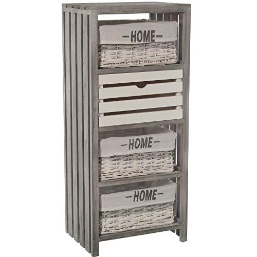 DRW Mueble cajonera con 1 cajón de Madera y 3 cestos de Mimbre en Gris y Blanco 37x27x84,5cm