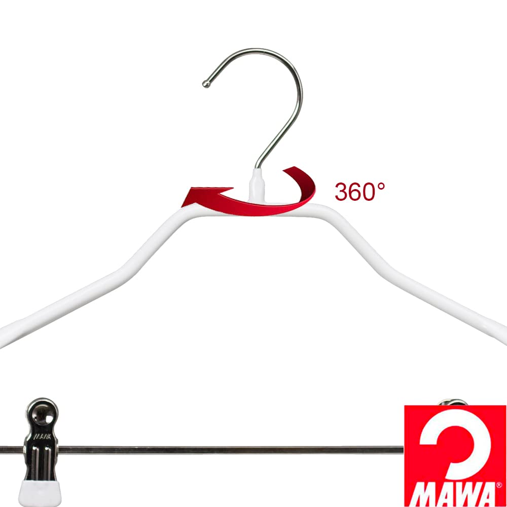 MAWA Universalbügel, 10 Stück, Universalbügel mit Klammernsteg für T-Shirts, Hosen, Röcke und Tops, drehbarer Euro-Haken, hochwertige Antirutsch-Beschichtung, 42 cm, Weiß