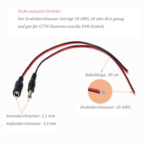 Beiyan DC Stecker, 18AWG DC 12V 5A 5.5 x 2.1mm Male Female DC Power Pigtail Kabel, DC Power Pigtail Kabel, DC Hohlstecker für CCTV Sicherheit Kamera, Überwachungs, 6 Paare