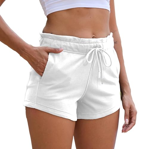 EZPERY Womens Summer Sweat Shorts Cotton French Terry Drawstring Workout Casual Lounge Shorts with Pockets White