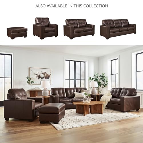 Image of Signature Design by Ashley Queen Pull Out Couch, Leather & Faux Leather | No assembly required for quick setup, 100% top-grain leather touch cushions, 4-in memory foam pull out bed, Santorine Series