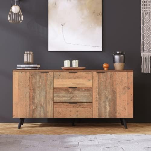 Aparador para salón y comedor | 120 cm de ancho | estilo vintage con estantes ajustables y 3 cajones | marrón antiguo