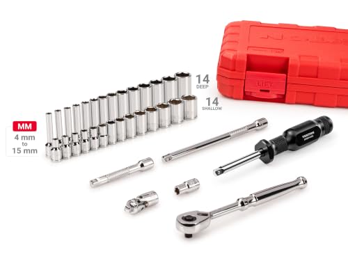 Image of TEKTON 1 /4 Inch Drive 6-Point Socket and Ratchet Set with Case, 34-Piece (4-15 mm) | SKT05202