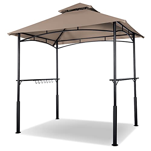 Garsing 8 × 5 Ft Soft Top Grill Gazebo, Outdoor Hardtop BBQ Gazebo with Heavy Duty Steel Frame, 2-Tier Vented Top Waterproof Grill Canopy Shelter with Steel Shelves Hooks for Patio & Backyard, Beige