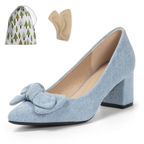 Women's Comfortable Low Block Denim Pumps with Bow 2.3 Inch Closed Pointed Toe Slip On Heels Ladies Casual Party Office Daily Dressy Cute Pump Shoes