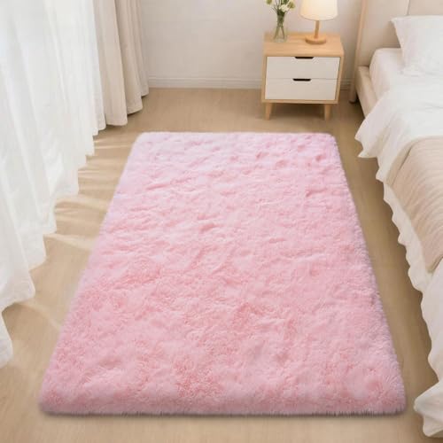 Pink Rugs for Bedroom, 2x3 Feet Fluffy Area Rugs for Living Room, Soft Shag Kids Rug Small Carpet with 4 Non-Slip Rug Pads (2ft x 3ft, Pink)