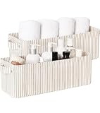 StorageWorks Narrow Storage Bins, Small Basket for Closet and Shelves, Fabric Organizer with Handles, Toilet Paper Storage, Khaki and Beige Stripes, 2-Pack