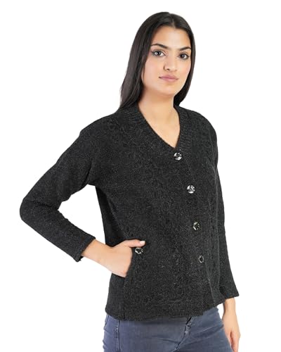 Image of MANRA Women's Woolen V-Neck Buttoned Full Sleeve Cardigan Self Design Soft Wool Fabric Winter Wear Pure Wool Sweater Fully Warm with Front Pockets Stylish Cardigan
