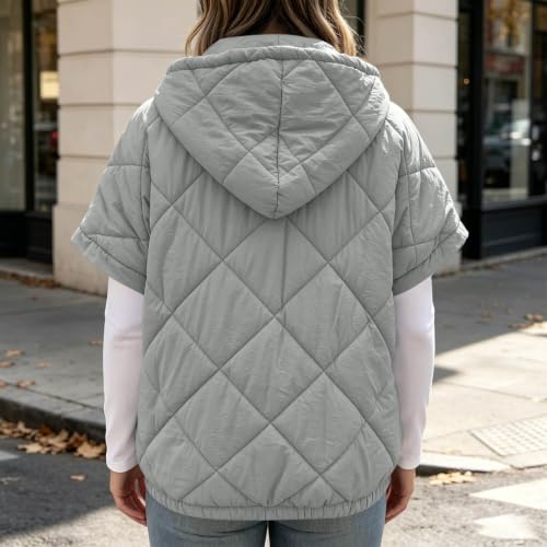 Gryvoilet Womens Quilted Vest Drawstring Hood Short Sleeve Zip‑Up Lightweight Puffer Gilet Casual Layering Outerwear for Ladies Gray M - image 5