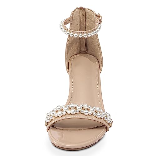 Image of Women's Heels Sandals for Women Open Toe Fashion Pearls Platform Heeled Sandals Ankle Strap Block Chunky Low Heel Pump Sandal Party Wedding Dress Shoe
