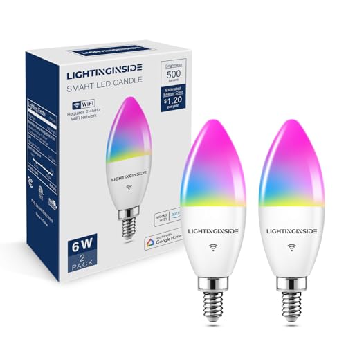 Lightinginside E12 Smart Light Bulbs 60W Equiv., Work with Alexa/Google Home/Smart Life, 500LM 6W RGBCW Candle Candelabra LED Light Bulbs, No Hub Required, 2.4G WiFi Bluetooth Bulb, ETL Listed, 2PCS Lightinginside E12 Smart Light Bulbs 60W Equiv., Work with Alexa/Google Home/Smart Life, 500LM 6W RGBCW Candle Candelabra LED Light Bulbs, No Hub Required, 2.4G WiFi Bluetooth Bulb, ETL Listed, 2PCS