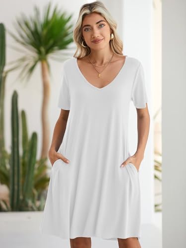 Image of BELAROI Women Casual Summer Dresses Loose Tshirt Beach Sundress V Neck Plus Size Swing Tunic Pockets